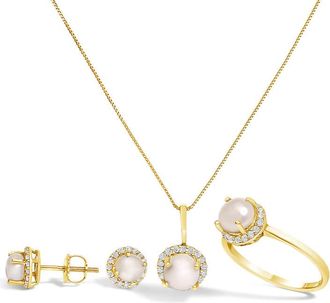 House of Brilliance 10K Yellow Gold Pearl 2 3/4 Cttw with Diamond 3/8 Cttw Halo Jewelry Set