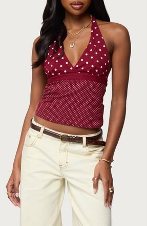 Edikted Ginny Mixed Polka Dot Halter Top in Burgundy at Nordstrom, Size X-Large