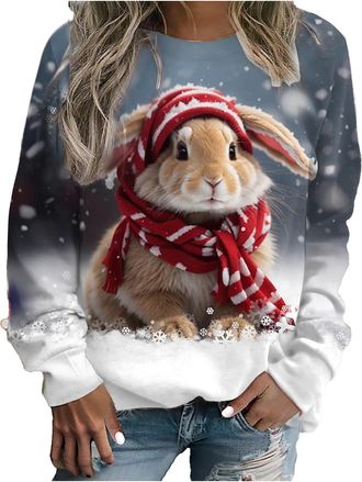 Generic Xmas Jumper for Womens, Christmas Funny Novelty Graphic Sweatshirt Cute Rabbit Print Pullover Casual Long Sleeve Crewneck Tops Reindeer Christmas Tree