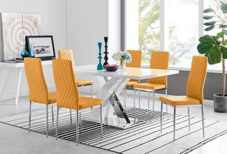 Furniturebox Atlanta Modern Rectangle Chrome Metal High Gloss White Dining Table & 6 Milan Chairs Set in Mustard