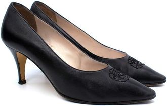 Chanel Black Leather Camellia Embroidered Vintage Pumps Size 38