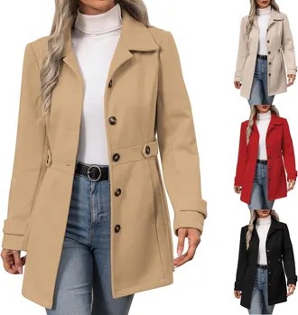 Generic Winter Jackets for Women Coats Slim Fit Ladies Coat with Belt Button Womens Jacket Elegant Outerwear for Office Work and Everyday Wear