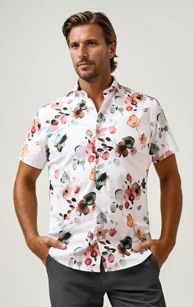 Stone Rose Tencel Stretch Watercolor Floral SS Button-Up Shirt in White at Nordstrom, Size Xx-Large