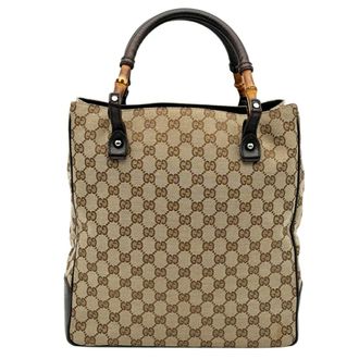 Gucci Beige Brown Bamboo Canvas Leather Tote Bag (Pre-Owned)