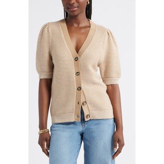 Caslon Links Puff Sleeve Wool Blend Cardigan in Tan- Ivory P Links Stripe at Nordstrom Rack, Size Xx-Small