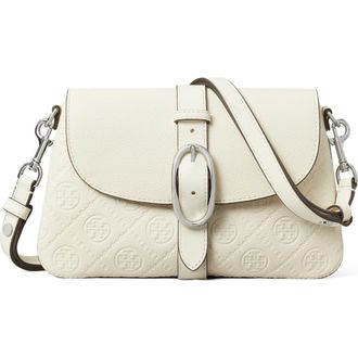 Tory Burch Small T Monogram Soft Pebble Leather Shoulder Bag in Warm White at Nordstrom