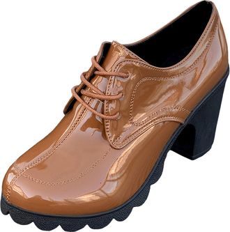 Generic Ladies Retro Fashion High Heel Ankle Boots Shiny Leather Lace Up Chunky Sole Design (Brown, 4.5)