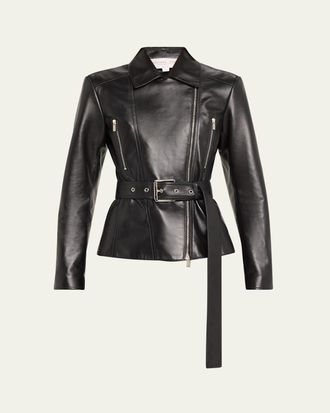 Michael Kors Leather Belted Moto Jacket
