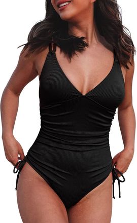 Generic Womens One-Pieces Tummy-Control Swimming Costume Womens V Neck Swimsuit Tie Side High Cut Bathing Suit Ribbed Swimwear One-Pieces Ruched Swimming Cost