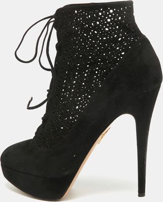 Charlotte Olympia Black Suede Lasercut Accents Ankle Boots