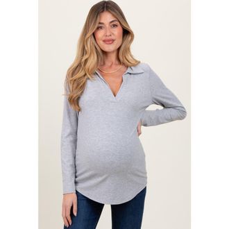 Pinkblush Ribbed Collared Long Sleeve Top in Heather Grey at Nordstrom, Size X-Large
