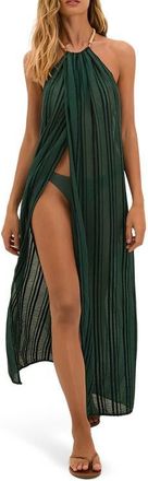 Vix Cloe Stripe Halter Semisheer Cover-Up Dress in Green at Nordstrom, Size X-Large
