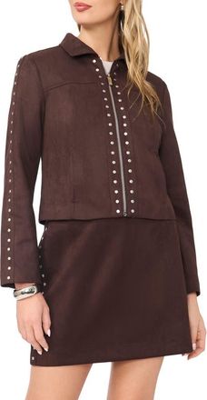 Vince Camuto Studded Faux Suede Trucker Jacket in Dark Roast at Nordstrom, Size Xx-Small