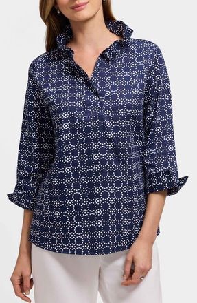 Foxcroft Tammy Cotton Ruffle Collar Top in Navy Blue/White at Nordstrom, Size X-Large