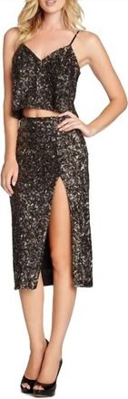 Dress The Population Metallic Sequin Midi High Slit Pencil Skirt In Gold