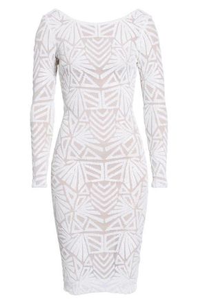 Dress The Population Emery Long Sleeve Sequin Cocktail Dress in White/Nude at Nordstrom, Size Xx-Small