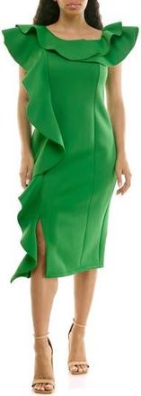 Nina Leonard Ruffle One-Shoulder Scuba Knit Sheath Dress in Fern Green at Nordstrom Rack, Size X-Large