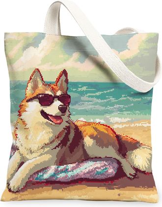 Generic Summer Golden Doodle Dog Canvas Tote Bag for Shopping 13x15, Watercolor Beach Coastal Puppy Reusable Grocery Print Bag for Women, Beachy Pet Beach Aes