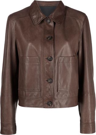 Brunello Cucinelli button-fastened eco-leather jacket - women - Eco Leather/Acetate/Silk/Eco Brass - 50 - Brown