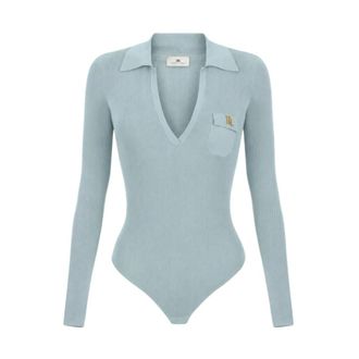 Elisabetta Franchi Body de punto con cuello polo y logo refinado - Tops - Mujer - Azul - L