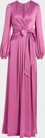Badgley Mischka Satin Faux-Wrap Long Sleeve Gown