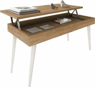 HOGAR 24 Hogar24 - ava Mesa Centro Elevable Madera Maciza Acabado Color Encerado y Blanco