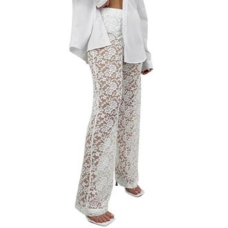 Generic 2025 Trousers Womens Lace See Through High Waisted Patchwork Long Straight Pants (White, S)
