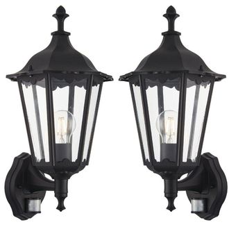Loops 2 PACK IP44 Outdoor PIR Light Matt Black & Glass Traditional Wall Lantern Motion