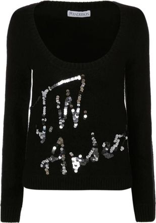 J.W.Anderson Sequin Logo Wollen Trui - Dames - Ronde hals truien - Zwart - M - Wol - Truien & Vesten