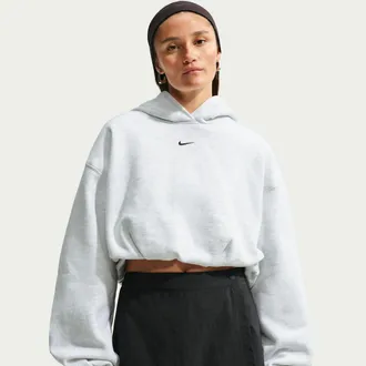 Nike Womens Studio Fleece Medium Weight Oversized Cropped Hoodie in Brown | IM8096-051