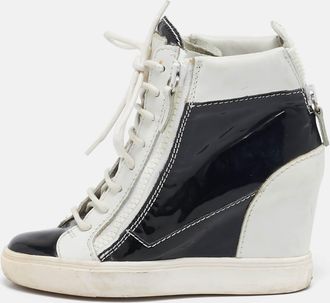 Giuseppe Zanotti Black/white Leather And Patent Leather Lorenz Wedge Sneakers