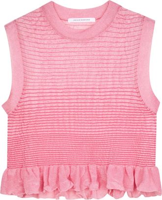 Cecilie Bahnsen Sheer Knit Sleeveless Crop Top with Fringed Hem