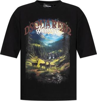 Dsquared2 Black Crewneck Landscape Print T-Shirt