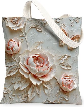 Generic Spring Relief Peony Flower Canvas Tote Bag for Shopping 13x15, Luxury Floral Wildflower Reusable Grocery Print Pattern Bag for Women Men, Garden Aesth
