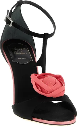 Roger Vivier Womens Floral Buckle T-Strap Sandal Heel Black Viscose Silk