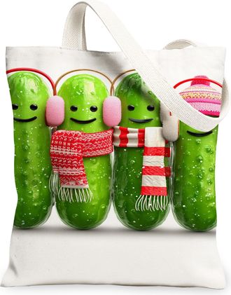 Generic Christmas Pickle Canvas Tote Bags, Funny Vegetable Design Reusable Bags, Lightweight Washable Shoulder Strap for Outdoor Tr, Green, 13x15 Inch