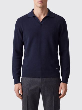 Brooksfield Long-Sleeved V-Neck Wool Polo Shirt with Ribbed Trims