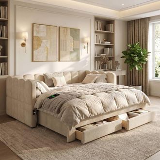 Merax 3FT Beige Extendable Daybed with 2 Storage Drawers & USB Ports | Size: Single