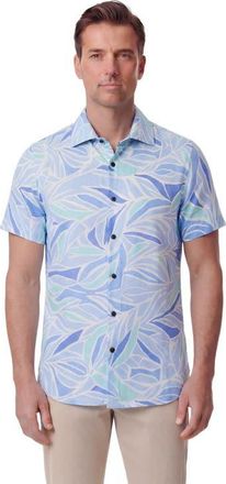 Lords of Harlech Simple Leaves Short Sleeve Fine Linen Shirt in Simple Leaves Blue at Nordstrom, Size Xx-Large