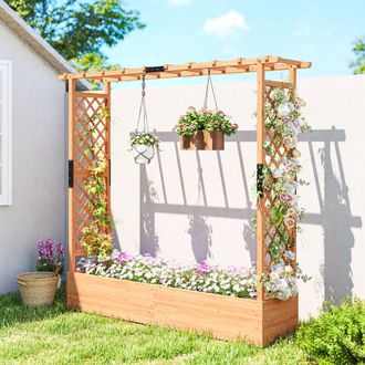 OUTSUNNY Raised Bed for Garden with Trellis, 196 x 44 x 181 cm, Natural | Size: 196 x 44 x 181 cm