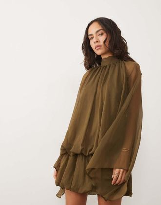 Asos Vestito corto a palloncino kaki allacciato al collo-Verde