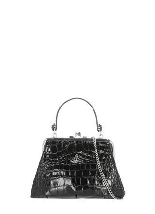 Vivienne Westwood Granny Frame Black Crocodile Handbag With Metal Logo And Chain Strap
