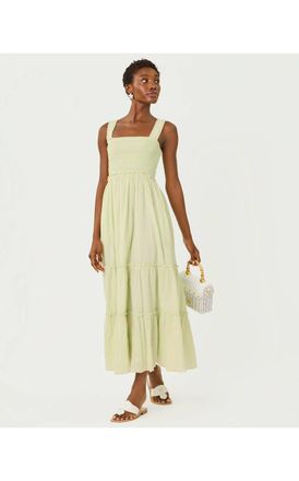 Lilly Pulitzer Hadly Smocked Maxi Dress In Pistachio Macaron X Conch Shell Pink Ltwt Oxford