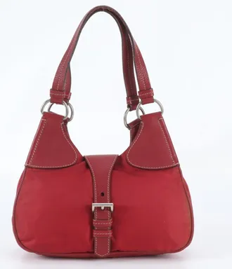 Prada Red Color Leather Nylon Handbag Shoulder Bag Tote Bag (Pre-Owned)
