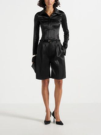 Mani&egrave;re De Voir Lorette Satin Double Pleat Shorts in Black at Nordstrom, Size 4