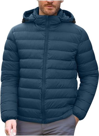 Generic Mens Puffy Jacket Winter Warm Quilted Coat Soft Insulated Hooded Overcoat Waterproof Padded Thermal Jackets Solid Puffer Coats for Hiking Traveling Ca