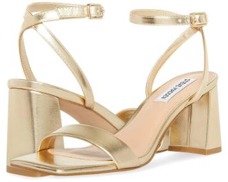 Steve Madden Womens Steve Madden Luxe Sandals Gold Leather Block Heel Ankle Strap HAWK1332