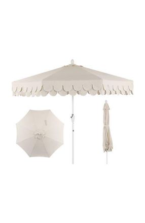 Jonathan Y Designs Tracy 9 ft. Classic MidCentury Scalloped Fringe Market Patio Umbrella with Auto-Tilt, Crank, Wind Vent and UV Protection in Cream at
