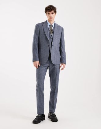 Asos Pantaloni da abito slim in misto lana grigi a spina di pesce-Grigio