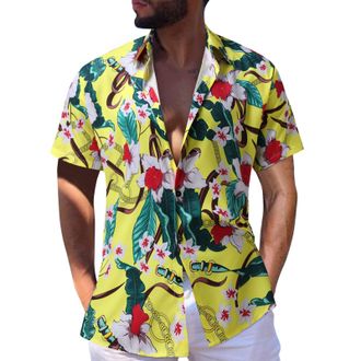 Generic Hawaii Shirt Mens Funky Hawaiian Shirt Short Sleeve Casual Button Down Hawaiian Print Beach Shirt Casual Short Sleeve Shirt Lightweight for Men, yello